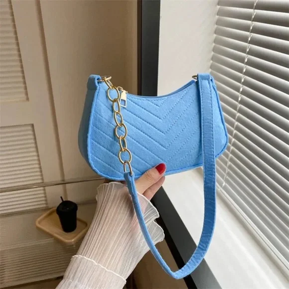 Felt Cloth Shoulder Bag Purses Handbag Underarm Light Blue